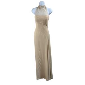 VTG Jackie Rogers Beige Floor Length Layered Silk Sequin Halter Tie Maxi Dress 4